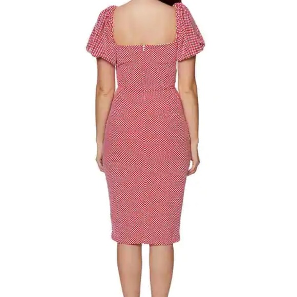 Betsey Johnson Women's Polka Dot Print Puff Sleeve Midi Sheath Dress - Picture 2 of 11